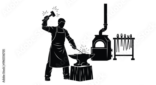 Blacksmith working at a forge striking metal with a hammer silhouette