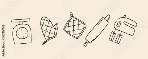 Whimsical doodle kitchen utensils for baking. Mixer, rolling pin, tongs, scales for home cooking.