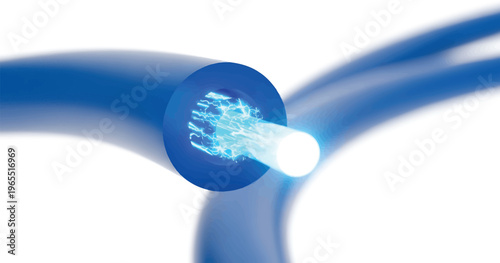 Blue Fiber Optic Cable with Glowing Light on White Background