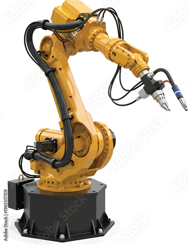 Yellow Industrial Robotic Arm Welding on Factory Floor with Cables