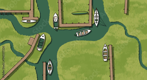 Overhead view of a marshy waterway with wooden docks and boats