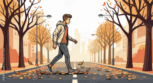 Person walks down street lined with autumnal trees and cityscape