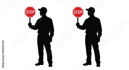 Two figures holding stop signs depicted as a dark silhouette