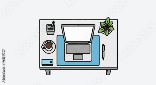 Overhead view of a minimalist desk with laptop, coffee, plant, and pens