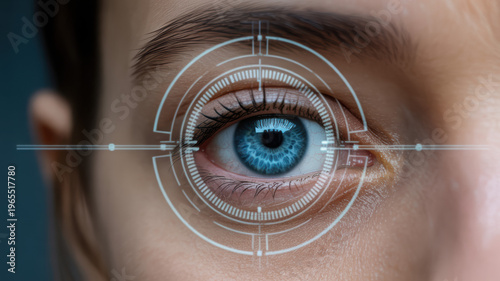 Young Woman Blue Eye Close-up With Futuristic Scanning Retina Technology For Cyberpunk Concepts