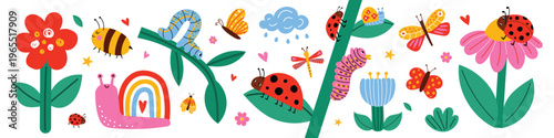 Cute insects and flowers summer collection. Garden set with butterfly, ladybug, caterpillar and snail. Colorful nature elements for kids design. Flat vector illustration isolated on white background.