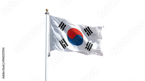 A South Korean flag flutters in the wind atop a flagpole against a pure white background.