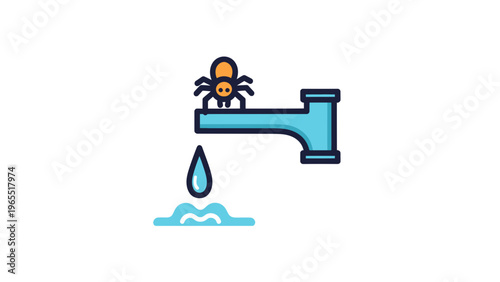 Spider on Faucet Dripping Water Vector Illustration, Pest Control Concept, Plumbing Problem Icon, Cleanliness Issue Graphic