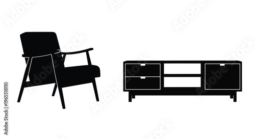 Modern furniture arrangement featuring an armchair and a low cabinet silhouette