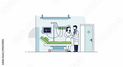 Medical professionals attending to patient in hospital room with equipment