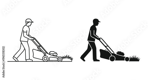 Two men mowing lawns depicted in a striking black silhouette