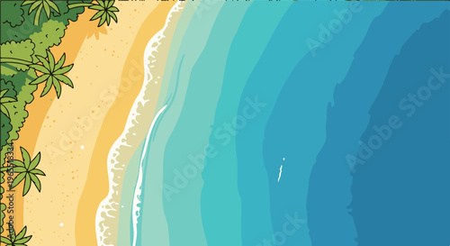 Overhead view of a stylized tropical beach with palm trees and turquoise ocean waves