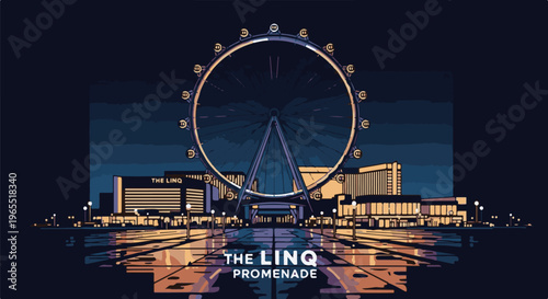 Nighttime view of a large Ferris wheel and illuminated buildings on a promenade