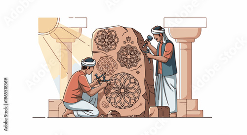 Men carving intricate patterns onto a large stone block