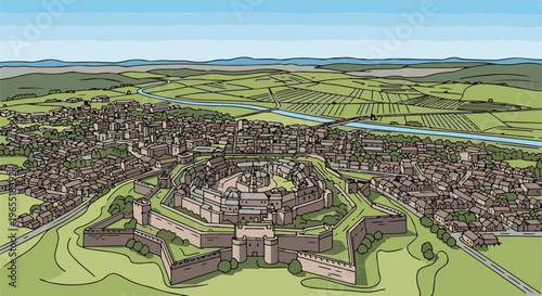 Medieval walled city with a central fortress, surrounded by fields and a river