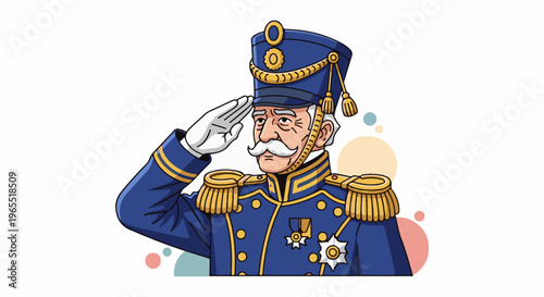 Old man in blue military uniform saluting with white glove