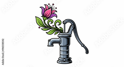 Old water pump with vibrant pink and purple flower and green leaves