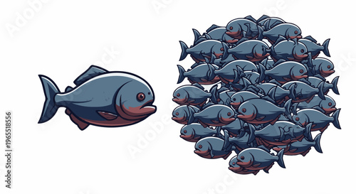 One lone fish faces a dense school of fish