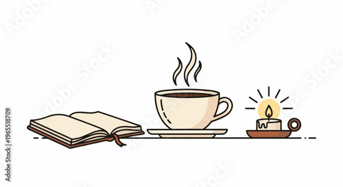 Open book, steaming coffee cup, and lit candle on a shelf
