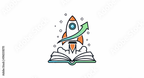 Open book launches rocket with upward arrow and stars