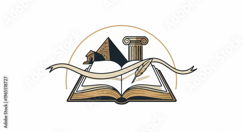Open book with ancient structures and feather quill, circular outline
