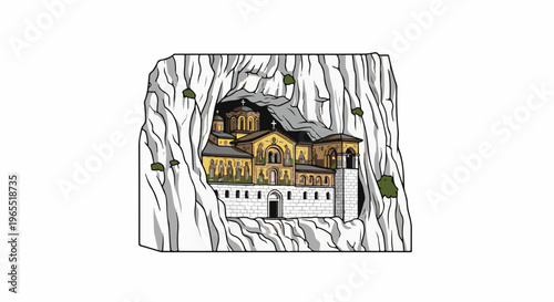Ornate monastery building nestled within a rocky cave with greenery