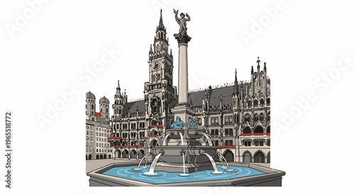Ornate monument and grand building with a fountain in foreground