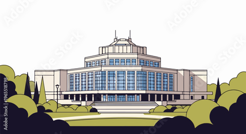 Ornate, multi-story building with large glass windows, surrounded by lush greenery