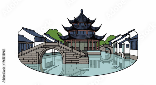 Ornate oriental pavilion bridged over tranquil canals with traditional waterside homes