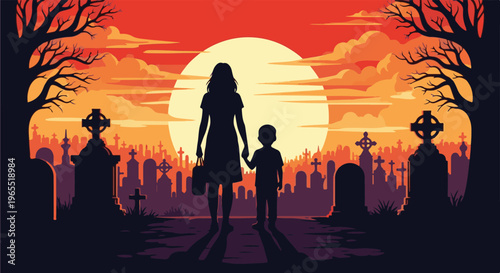 Mother and child silhouetted in a cemetery at sunset