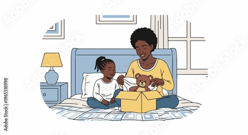 Mother and daughter unboxing a teddy bear gift on a bed