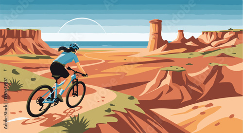 Mountain biker riding through a desert landscape with rock formations