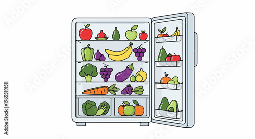 Open refrigerator filled with fresh fruits and vegetables on shelves