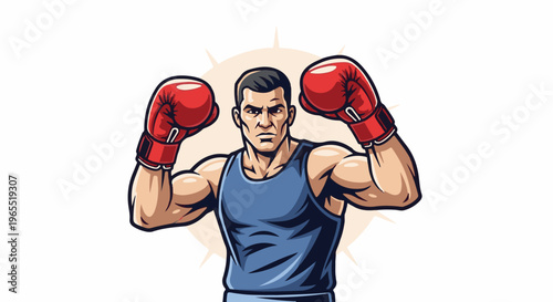 Muscular boxer in blue tank top and red gloves, ready for fight