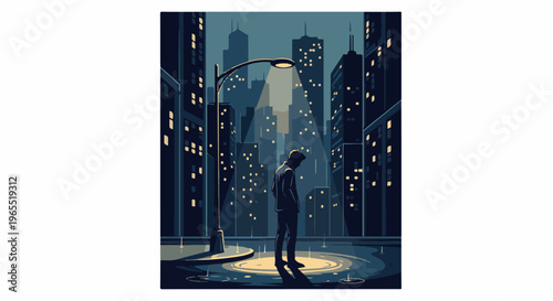 Lonely figure under city lamplight at night, pixel art