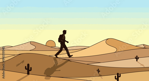 Lone traveler treks across a vast, sun-drenched desert landscape