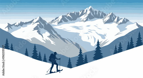 Lone skier ascends snowy mountain under vast sky