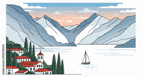 Mountain village overlooking a serene bay with a lone sailboat