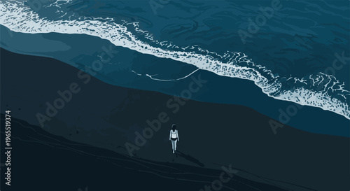 Lone figure walks on dark sand beach with rolling blue waves