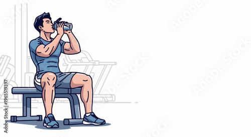 Muscular man drinks from bottle while sitting on bench in gym