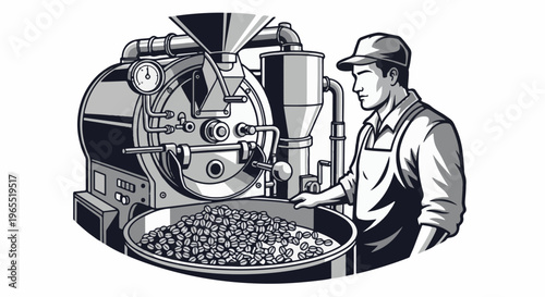 Man in apron near coffee roaster with abundant beans