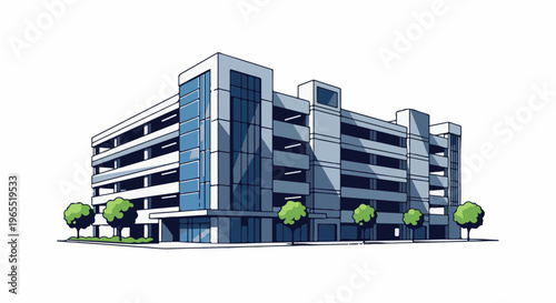 Multi-level urban parking garage with glass facade and trees