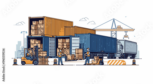 Loading and unloading shipping containers at a logistics hub with workers