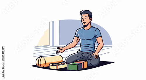Man in blue shirt kneeling on mat with fitness accessories