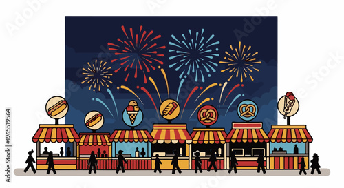 Lively food stalls with festive fireworks illuminate a dark, starry night