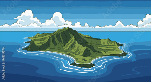 Lush green mountainous island surrounded by blue ocean and white clouds
