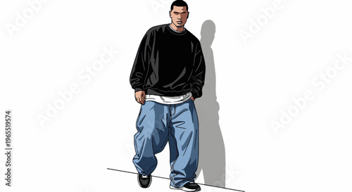 Man in baggy jeans and black sweatshirt with hands in pockets