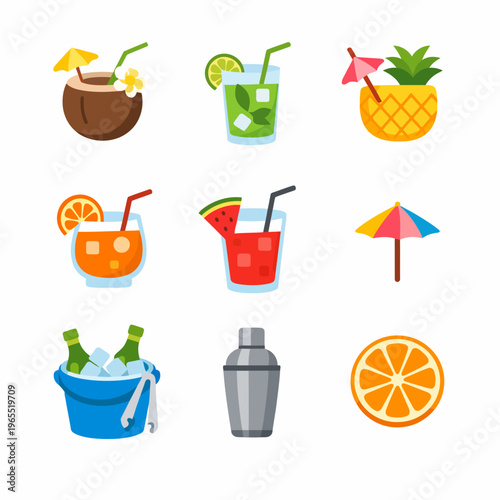 Colorful tropical drink icons with fruit garnishes and accessories