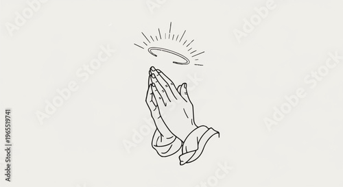 Line art of praying hands with a radiant halo