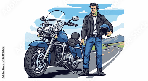 Man in leather jacket and blue jeans with motorcycle and helmet on road